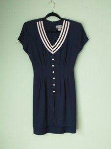 Vintage Breakin Loose Womens Sailor Dress Size 9/10 Blue Nautical V Neck Buttons